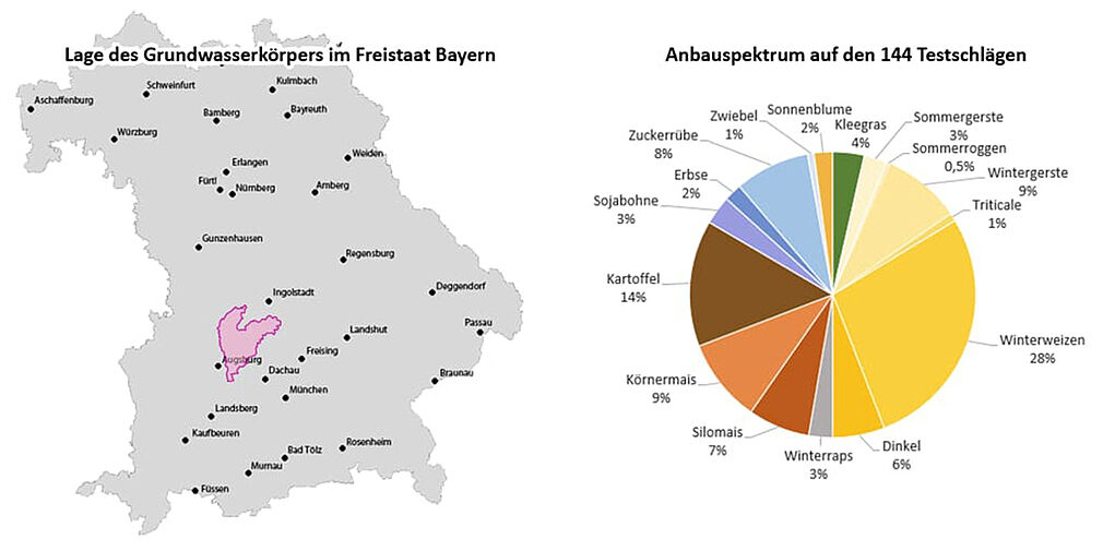 Lage des Grundwasserkörpers 1_G050 (rosa) im Freistaat Bayern (links) und flächenbezogene Anbaustruktur 2024 auf den 144 Testschlägen im Testgebiet "Vorlandmolasse Aichach" (rechts). (Abbildung links: Karte = stepmap.de, GWK © Ing.-Büro Hutterer & Ing.-Büro Eiblmeier, Abbildung rechts: © Ing.-Büro Hutterer & Ing.-Büro Eiblmeier).