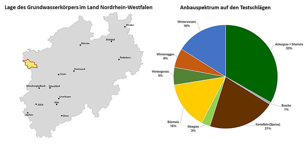 Lage des Grundwasserkörpers GWK 286_01 (gelb) im Land Nordrhein-Westfalen (links) und flächenbezogene Anbaustruktur 2024 auf den 72 Testschlägen im Testgebiet "Niederrhein" (rechts). (Abbildung links: Karte = stepmap.de, GWK © JKI, Abbildung rechts: © IGLU).