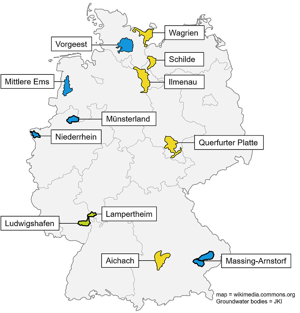 Lage der zwölf MoNi2-Testgebiete. gelb: Ackerbau, seit 2017; blau: Tierhaltung, seit 2021; grün: Gemüsebau, seit 2023. Abbildung © JKI
